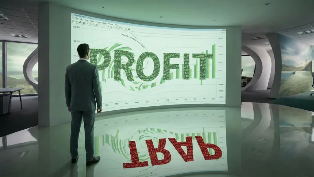 A businessman looking at a screen showing a green chart shaped like the word PROFIT, which reflects on the glossy floor as the red word TRAP.