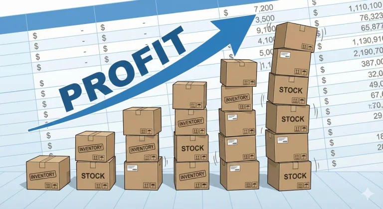 Графік зростання прибутку, що візуально спирається на накопичення коробок з товарними запасами (Inventory). Ілюструє хибний фінансовий результат при калькуляції з повним розподілом витрат.