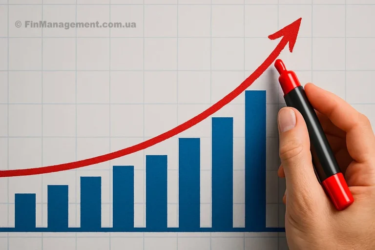 Realistic close-up of a hand drawing a thick upward red trend line across a 3D blue bar chart. The visualization represents significant exponential growth in revenue and business efficiency against a professional grid background.