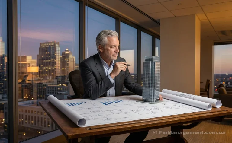 A seasoned CFO at a drafting table reviewing financial models designed as architectural blueprints, symbolizing the strategic role of budgeting in business stability.
