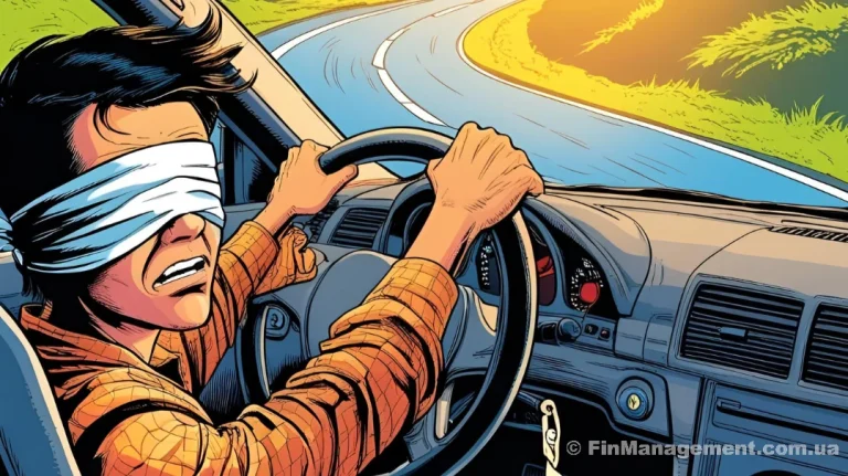 A comic-style illustration of a man driving a car on a winding road while blindfolded. The image symbolizes the high risks and lack of control when managing a business without financial visibility or a proper balance sheet.