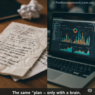 A split-screen comparison image. The left side shows a crumpled piece of paper with handwritten notes, representing a basic static plan. The right side displays a laptop screen with sophisticated financial analytics and charts, representing a dynamic financial model. Text overlay reads: "The same 'plan &ndash; only with a brain."