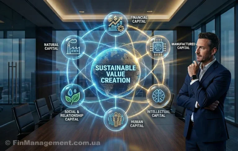 A futuristic concept photograph of a CFO in a modern boardroom analyzing a sophisticated holographic data display. The hologram features a central glowing core labeled "SUSTAINABLE VALUE CREATION" surrounded by six interconnected data nodes representing the six capitals: financial graphs, factory gear (manufactured), intellectual brain, diverse people (human), social network, and a green leaf (natural) icon.