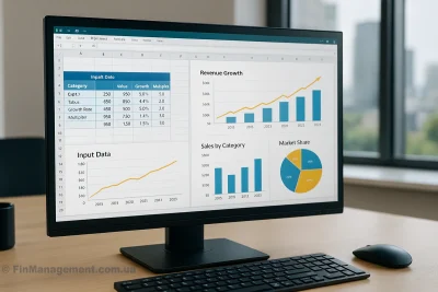 A computer monitor displaying a financial modeling dashboard. The screen shows a data input table, a revenue growth bar chart with a trend line, a market share pie chart, and sales by category graphs in a clean office setting.