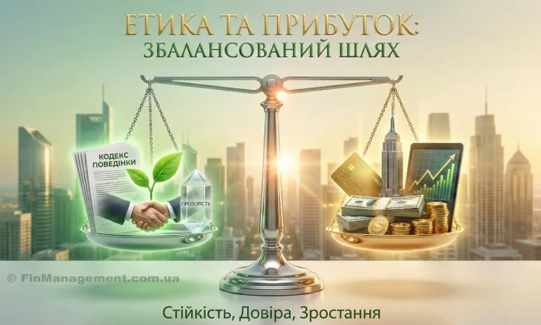 Концептуальна ілюстрація бізнес-етики. Збалансовані терези зважують "Кодекс поведінки", прозорість та рукостискання проти грошей і графіків росту. Зображення символізує, що доброчесність і фінансовий успіх є сумісними.