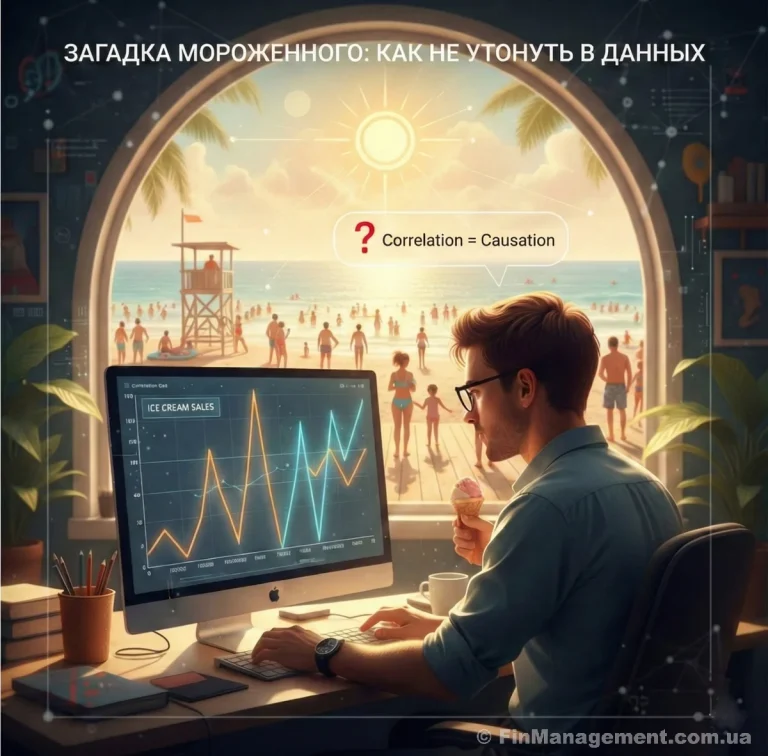 Цифровая иллюстрация аналитика, рассматривающего график «Продажи мороженого» на экране компьютера на фоне солнечного пляжа, размышляющего над вопросом «Равна ли корреляция причинности?».
