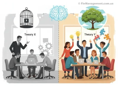 An illustration comparing Douglas McGregor's Theory X and Theory Y. The left side (Theory X) depicts an authoritarian manager with unhappy employees chained to desks, symbolizing control. The right side (Theory Y) shows a collaborative team with lightbulbs and puzzle pieces, symbolizing creativity, autonomy, and growth.