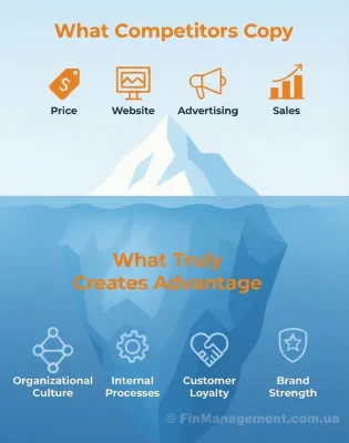 A strategic illustration of the "Business Iceberg" concept. Small ships labeled "Imitators" copy the visible tip (Website, Price) but crash into the massive submerged crystalline structure labeled "Culture & Processes."