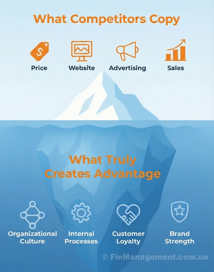 A strategic illustration of the "Business Iceberg" concept. Small ships labeled "Imitators" copy the visible tip (Website, Price) but crash into the massive submerged crystalline structure labeled "Culture & Processes."