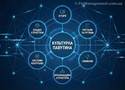 Діаграма моделі "Культурна павутина" (Cultural Web), що демонструє центральну Парадигму та шість елементів впливу: Історії та міфи, Символи, Структури влади, Формальні структури, Системи контролю, Ритуали та рутини.