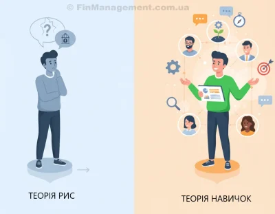 Порівняльна ілюстрація теорій лідерства. Зліва: "Теорія рис" (статичний стан, сумніви). Справа: "Теорія навичок" (динамічний розвиток, символи навчання, цілей та командної роботи).