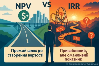 Концептуальна ілюстрація вибору методу оцінки. "Шлях IRR" виглядає легким, але приховує пастки: "Множинна IRR", "Пастка реінвестування" та "Проблема масштабу". Менеджер обирає крутіший, але надійний "Шлях NPV" (Чиста приведена вартість).