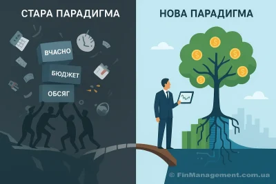 Ілюстрація порівняння &laquo;Старої парадигми&raquo;, де працівники несуть тягар &laquo;Залізної трійки&raquo; (Вчасно, Бюджет, Обсяг), та &laquo;Нової парадигми&raquo;, де бізнесмен вирощує грошове дерево, що символізує реалізацію вигід.