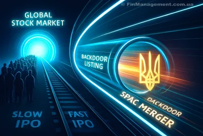 A visual metaphor showing a fast hyperloop tunnel representing a SPAC merger bypassing a slow traditional IPO track on the way to the NASDAQ global market.