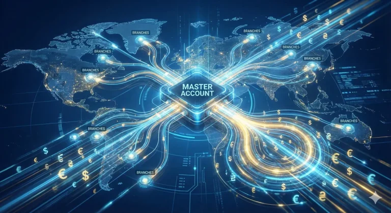 A 3D illustration of a global map showing glowing financial flows from regional branches converging into a single central Master Account.
