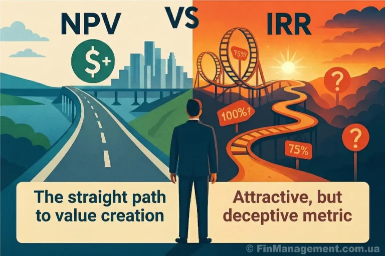 A business concept illustration showing a manager at a fork in the road. The "IRR Route" looks easy but hides traps labeled "Multiple Rates," "Reinvestment Trap," and "Scale Problem." The manager chooses the steeper but solid "NPV Route" labeled "Reliable Value."