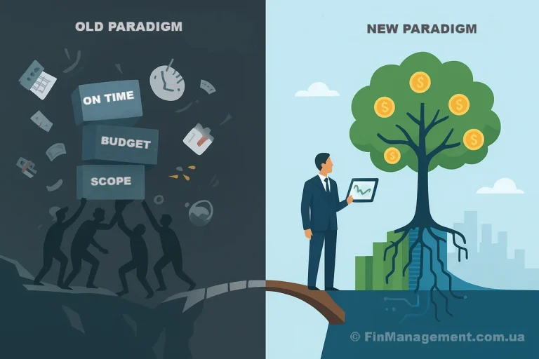 Illustration comparing the "Old Paradigm" where workers struggle with the Iron Triangle (Time, Budget, Scope) versus the "New Paradigm" depicting a businessman growing a money tree, symbolizing Benefits Realization.