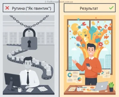 Порівняльна ілюстрація двох підходів до роботи. Ліворуч (сірий фон) &mdash; сумний працівник, завалений рутиною (&laquo;Як гвинтик&raquo;), скутий ланцюгом. Праворуч (яскравий фон) &mdash; щасливий фахівець, орієнтований на &laquo;Результат&raquo;, генерує ідеї та аналізує ефективність.