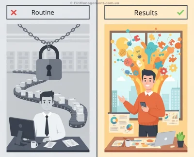 A split-screen comparison illustration. On the left (gray), a sad employee is trapped in routine tasks ("Like a cog") with a lock and conveyor belt. On the right (colorful), a happy employee focuses on "Result," surrounded by creative ideas and charts.