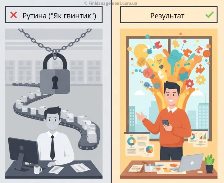 Порівняльна ілюстрація двох підходів до роботи. Ліворуч (сірий фон) — сумний працівник, завалений рутиною («Як гвинтик»), скутий ланцюгом. Праворуч (яскравий фон) — щасливий фахівець, орієнтований на «Результат», генерує ідеї та аналізує ефективність.