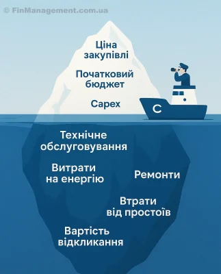 Векторна ілюстрація принципу айсберга у бізнесі. Над водою видно верхівку: ціна купівлі, початковий бюджет, Capex. Під водою зображено масивну частину прихованих витрат: технічне обслуговування, енергія, ремонти, збитки від простоїв та відкликання продукції.