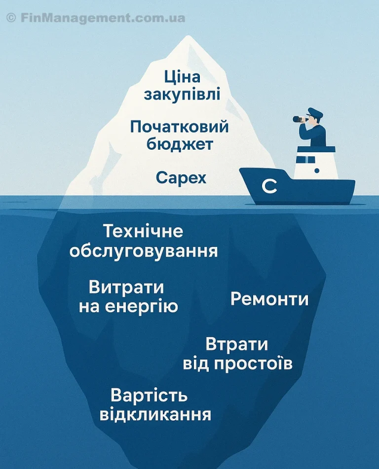 Векторна ілюстрація принципу айсберга у бізнесі. Над водою видно верхівку: ціна купівлі, початковий бюджет, Capex. Під водою зображено масивну частину прихованих витрат: технічне обслуговування, енергія, ремонти, збитки від простоїв та відкликання продукції.