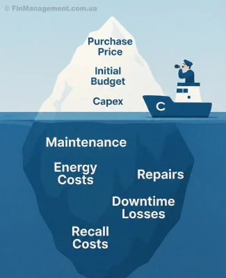 Vector illustration of the iceberg principle in business. Above water: Purchase Price, Initial Budget, Capex. Below water: massive hidden costs including Maintenance, Energy Costs, Repairs, Downtime Losses, and Recall Costs.