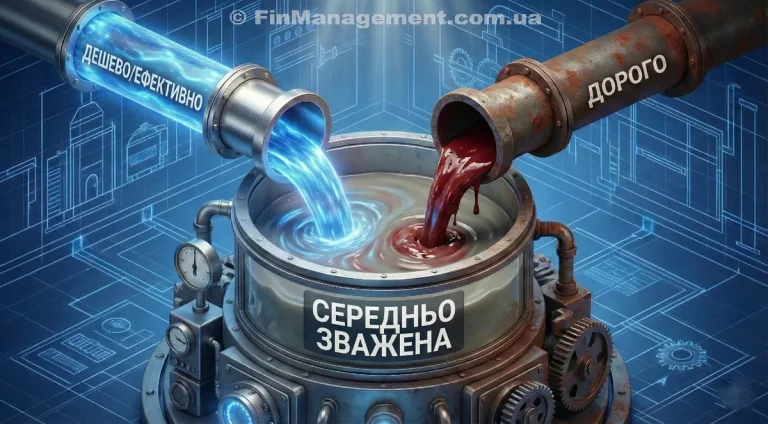 3D-ілюстрація змішування ресурсів у промисловому резервуарі. Зліва тече чиста блакитна рідина (ефективний ресурс), справа — густий червоний шлам (дорогий ресурс). У баку вони перетворюються на сіру масу з написом "Weighted Average", демонструючи втрату інформації при усередненні даних.