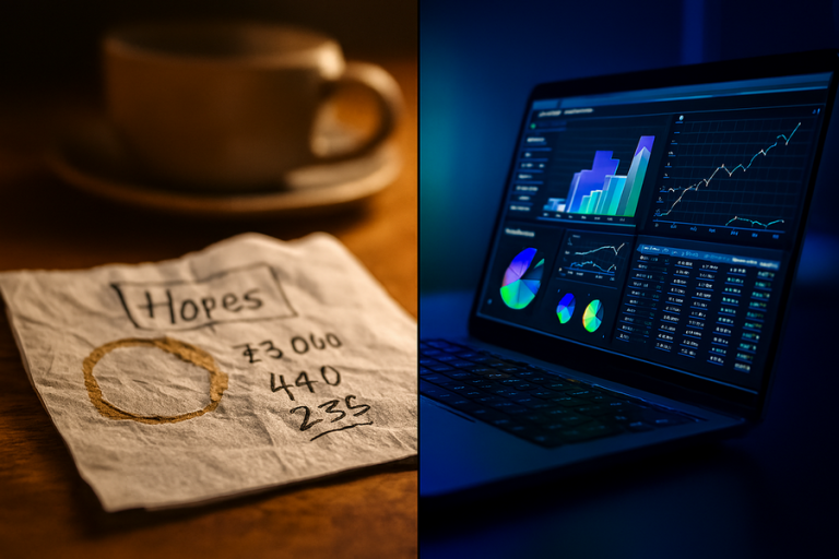 Contrast between chaotic napkin planning and a structured financial model acting as a business map