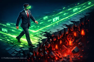 Illustration of a businessman wearing a VR headset displaying upward charts, unknowingly walking off a digital cliff into an abyss, symbolizing the risk of ignoring real data.
