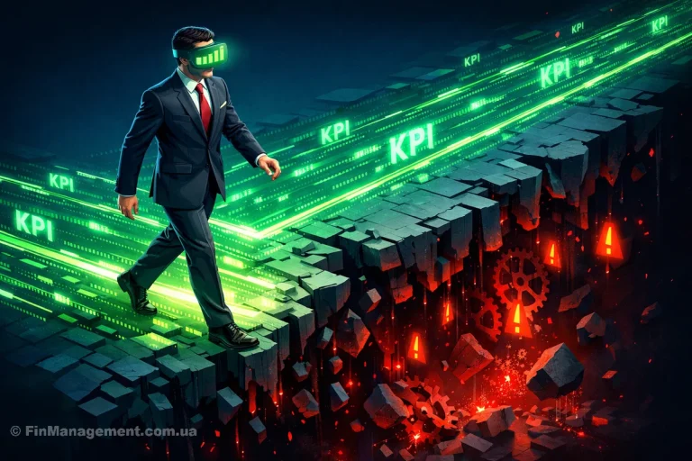 Illustration of a businessman wearing a VR headset displaying upward charts, unknowingly walking off a digital cliff into an abyss, symbolizing the risk of ignoring real data.