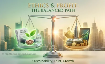 A conceptual illustration showing a balanced scale. On the left, a "Code of Conduct" document, a handshake, and a transparency crystal represent ethics. On the right, money and growth charts represent profit. The image symbolizes that integrity and financial success are compatible.