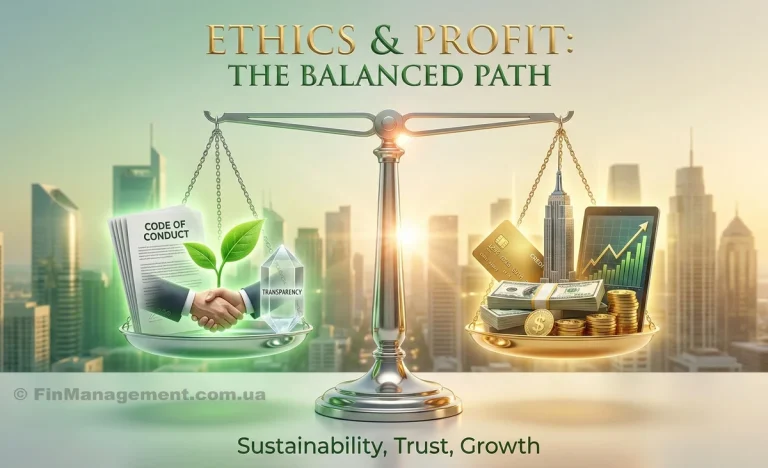 A conceptual illustration showing a balanced scale. On the left, a "Code of Conduct" document, a handshake, and a transparency crystal represent ethics. On the right, money and growth charts represent profit. The image symbolizes that integrity and financial success are compatible.