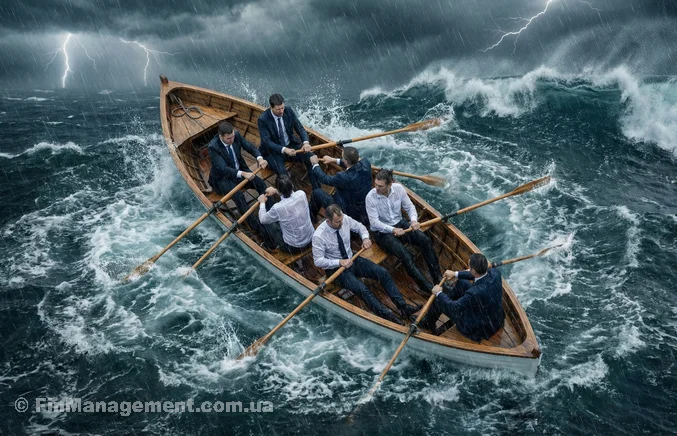Overhead view of a rowing boat in a stormy ocean where business people row in completely different directions, causing the boat to spin. A metaphor for local optimization and lack of unified strategy.