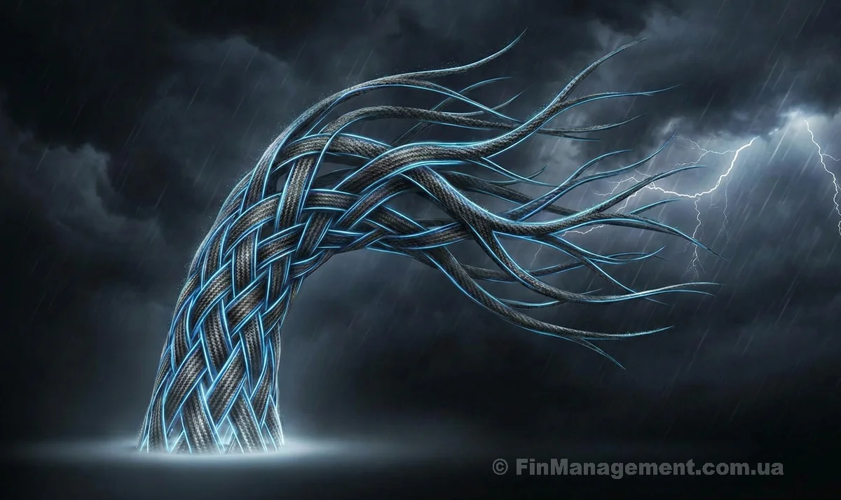 A high-tech woven carbon fiber tree structure bending flexibly under severe storm winds without breaking. The illuminated object stands out against a dark background, symbolizing organizational resilience and adaptability in a crisis.