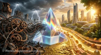 Cinematic 3D illustration of business transformation: rusty gears of chaos passing through an optimization prism and turning into a stream of golden coins, symbolizing profit and systemic efficiency.