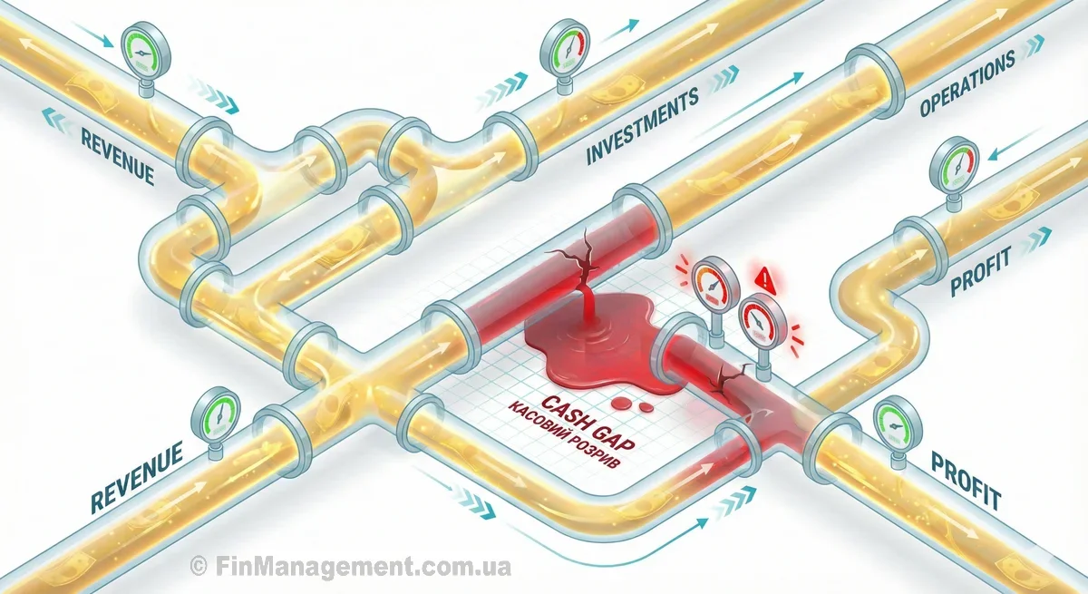 Isometric infographic of a business financial system visualized as pipelines. Golden cash flow is interrupted by a leak labeled CASH GAP, causing pressure gauges to turn red, symbolizing critical liquidity risk.