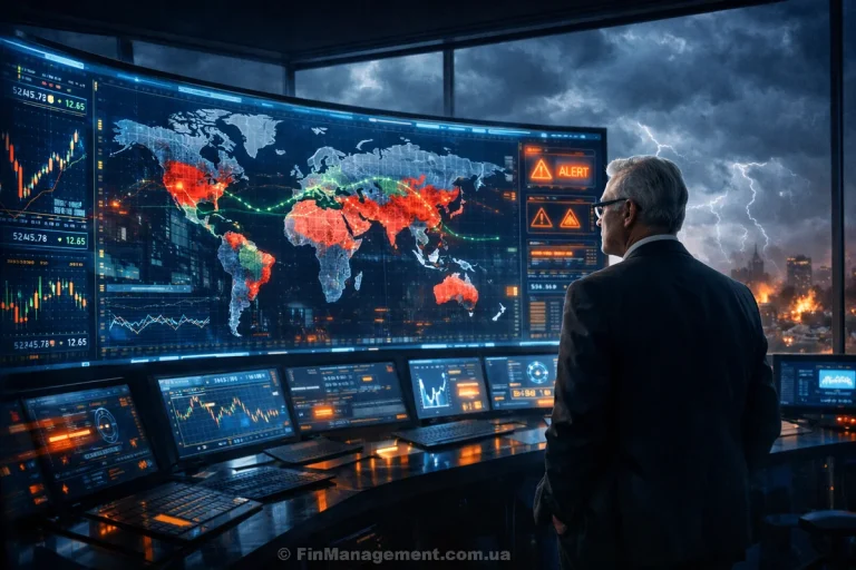 A confident CFO standing in a high-tech command center, analyzing global risk maps and stock market data on curved screens while a storm rages outside, representing strategic risk control.