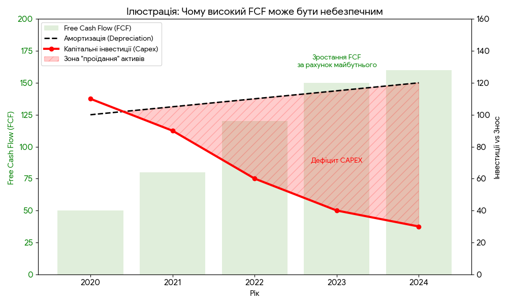Графік небезпеки високого FCF: ілюстрація зони "проїдання" активів, коли капітальні інвестиції (CAPEX) падають нижче рівня амортизації. Це показує, як короткострокове зростання вільного грошового потоку створює дефіцит CAPEX у майбутньому.