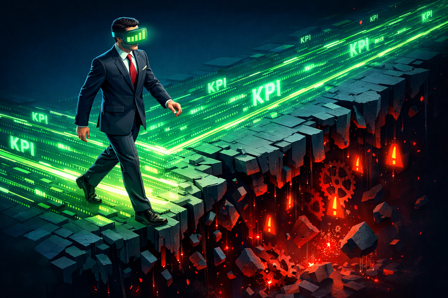 Financial Director analyzing toxic KPIs on a business dashboard that show profit but hide losses