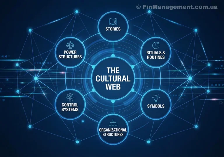 Diagram of the Cultural Web model showing the central Paradigm surrounded by six influencing elements: Stories and myths, Symbols, Power structures, Organizational structures, Control systems, and Rituals and routines.
