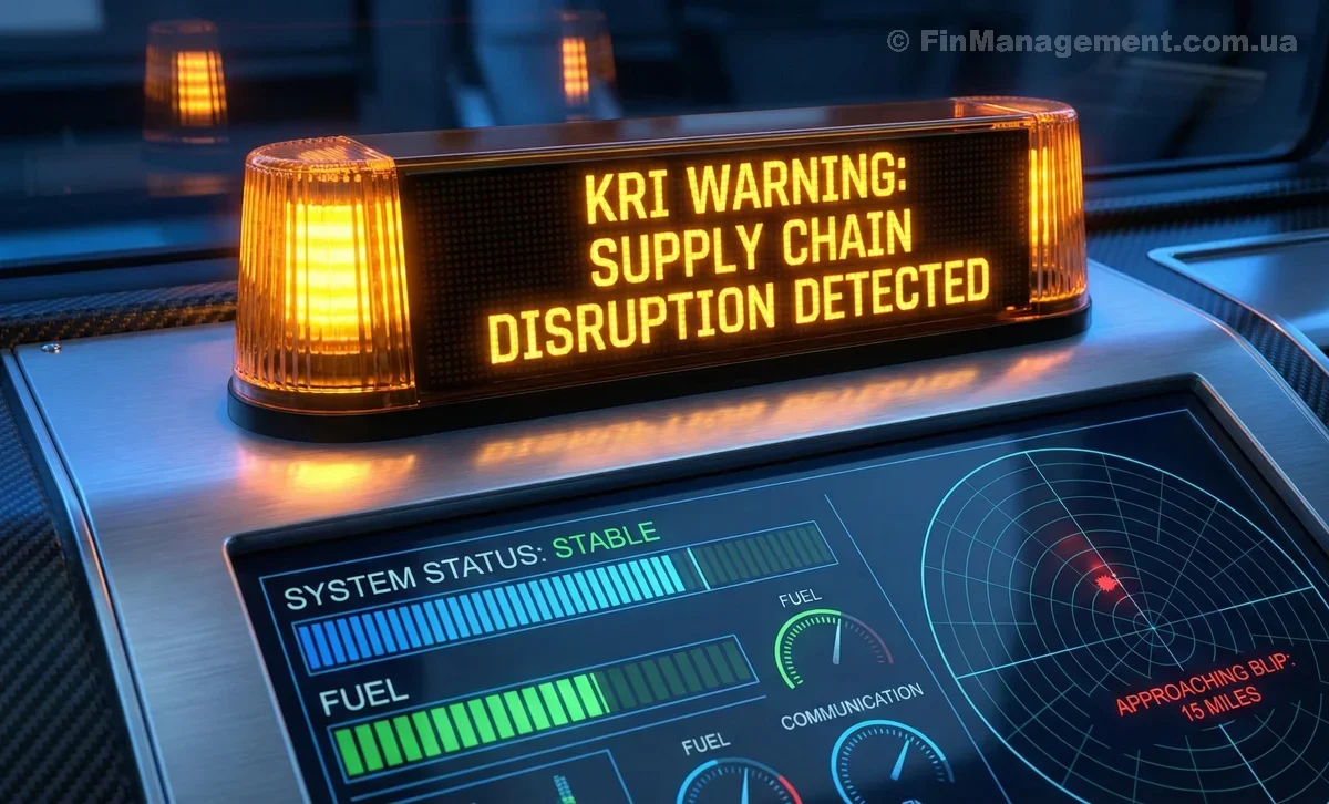 Close-up of a high-tech digital dashboard with a flashing amber light displaying "KRI WARNING: SUPPLY CHAIN DISRUPTION DETECTED". A radar screen tracks an approaching threat, illustrating a business early warning system.