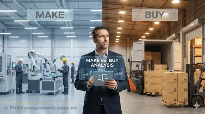 A split-screen business concept illustrating the "Make or Buy" decision. The left side depicts a modern manufacturing facility with automated machinery (Make). The right side shows a warehouse dock with goods arriving from a supplier (Buy). In the center, a CFO analyzes financial data on a tablet to choose the best strategy.