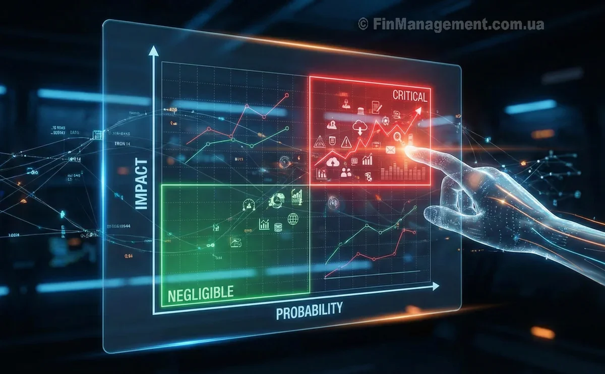 A futuristic digital risk matrix on a transparent screen. The chart plots "Probability" against "Impact," with a hand pointing to the glowing red top-right quadrant, indicating the critical high-risk zone.
