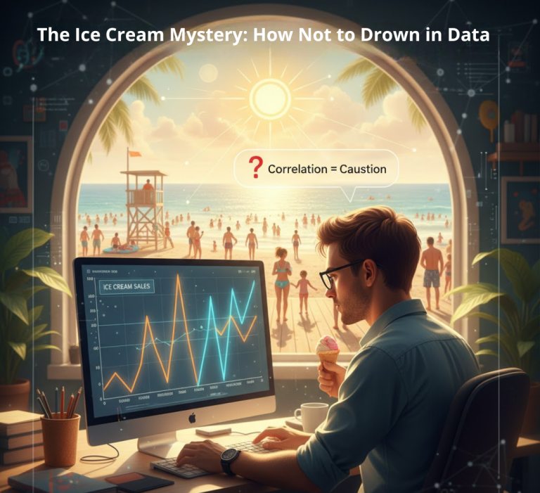 Diagram illustrating hot weather as the hidden third factor causing both increased ice cream sales and swimming accidents.