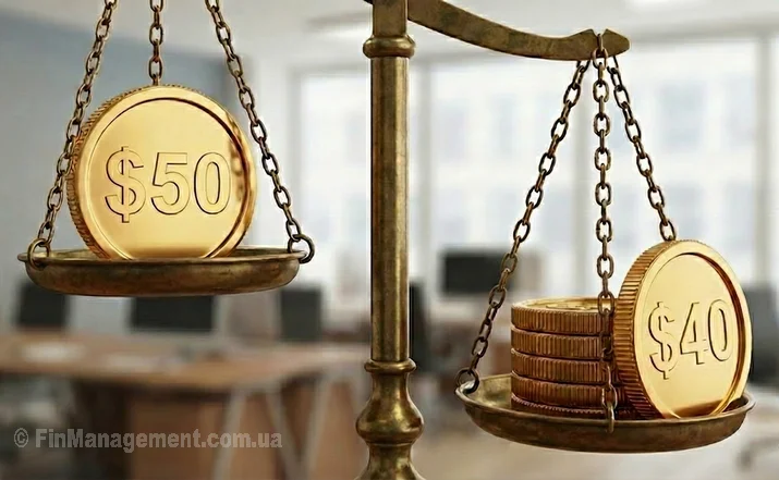 Balance scales showing a stack of $40 coins outweighing a single $50 coin. Illustration of the Throughput Accounting concept: total throughput and volume generate more value than high unit margin.