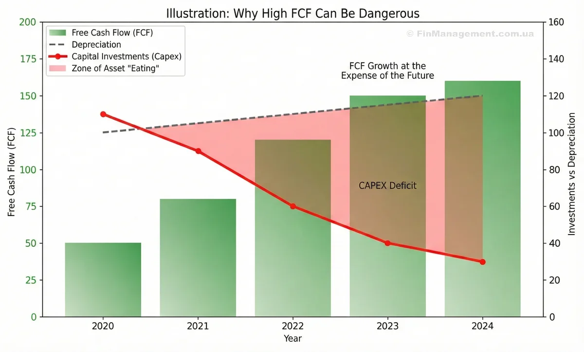 Chart showing the result of flawed incentives (KPI gaming): management artificially boosts Free Cash Flow by cutting Capital Expenditures (Capex) below depreciation levels.