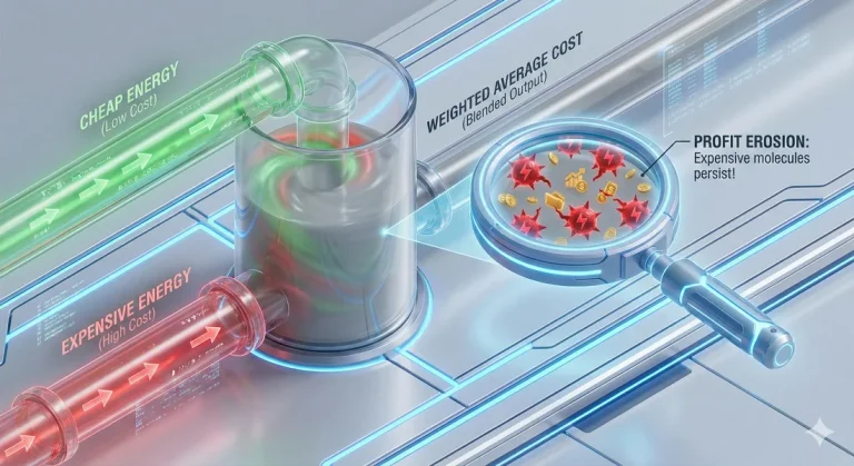 3D illustration showing cheap and expensive energy mixing into a weighted average cost output. A magnifying glass reveals profit erosion caused by hidden high-cost inputs.