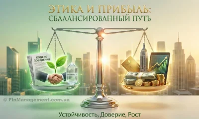 Концептуальная иллюстрация бизнес-этики. Сбалансированные весы взвешивают &laquo;Кодекс поведения&raquo;, прозрачность и рукопожатие против денег и графиков роста. Изображение символизирует, что добродетельность и финансовый успех совместимы.