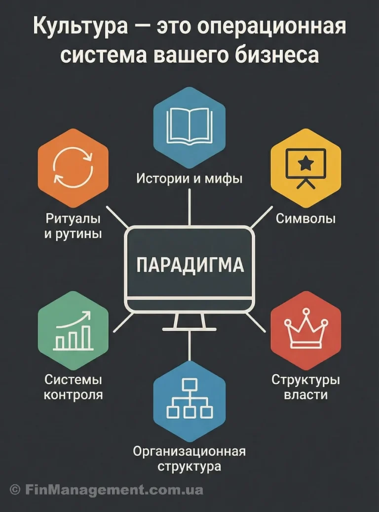 Инфографика с заголовком «Культура — это операционная система вашего бизнеса», где центральная парадигма изображена в виде монитора компьютера, связанного с ритуалами, символами и структурами власти.